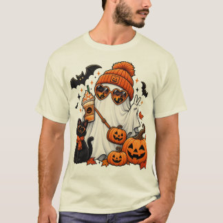 Cute Halloween Ghost & Black Cat – Spooky Autumn T-Shirt