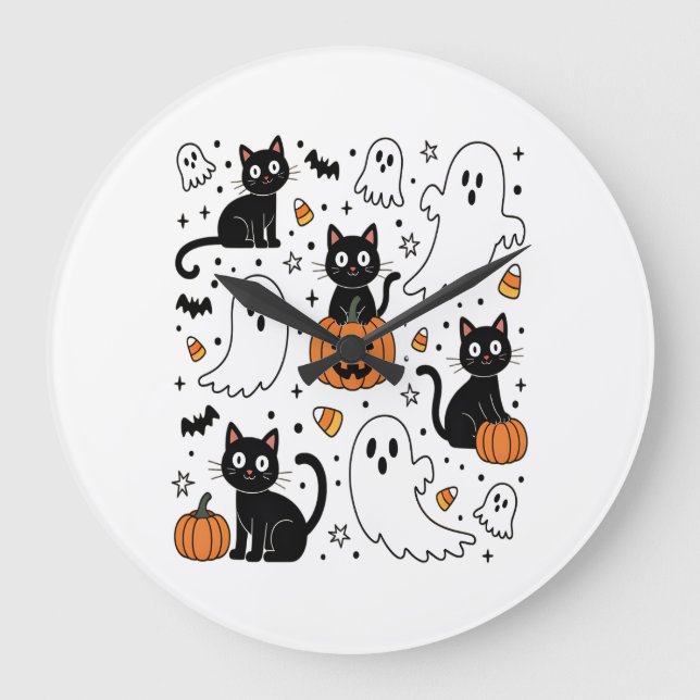 Cute Halloween Ghost Boo Cat Large Clock (Front)
