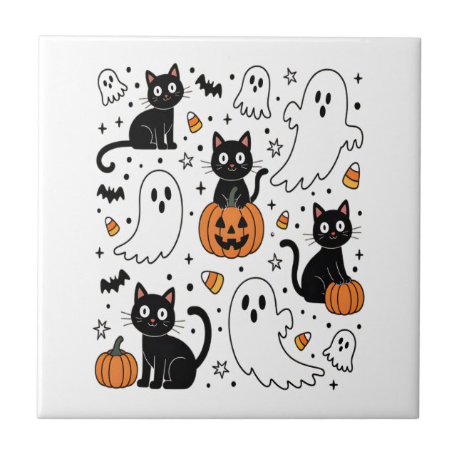 Cute Halloween Ghost Boo Cat Tile (Front)