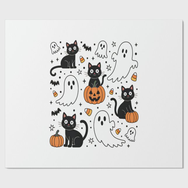 Cute Halloween Ghost Boo Cat Wrapping Paper (Flat)