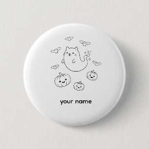 Cute Halloween Ghost Cat Pumpkins Bats Line Art St 6 Cm Round Badge