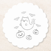 Cute Halloween Ghost Cat Pumpkins Bats Line Art St