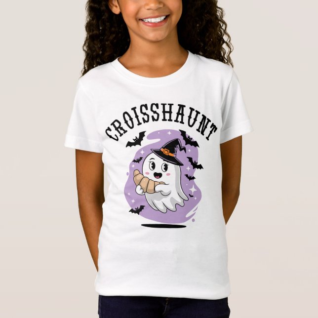 Cute Halloween Ghost Croissant Haunting T-Shirt (Front)