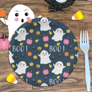 Cute Halloween Ghost Dark Blue Paper Plate 
