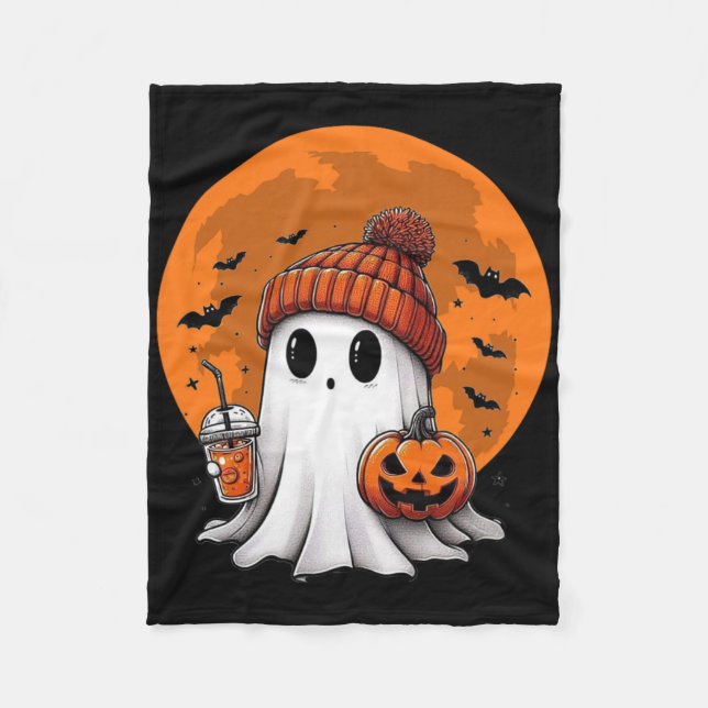Cute Halloween Ghost Drink Coffee Cute Ghost Trick Fleece Blanket (Front)
