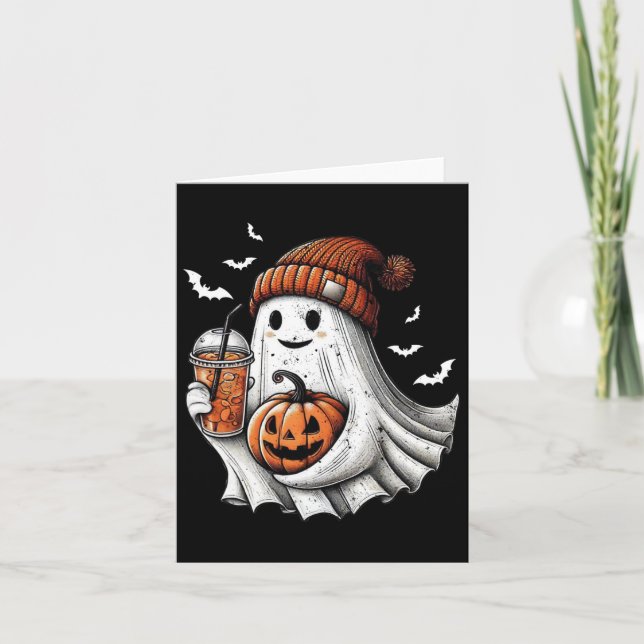 Cute Halloween Ghost Drink Coffee Pumpkin Hallowee Card (Front)