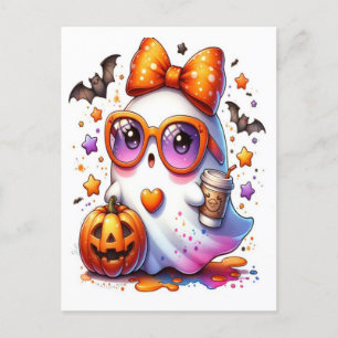 Cute Halloween Ghost Drink Pumpkin Spooky 2025  Holiday Postcard