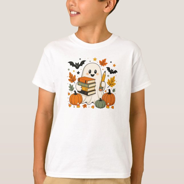 Cute Halloween Ghost Fall Book Lover  T-Shirt (Front)