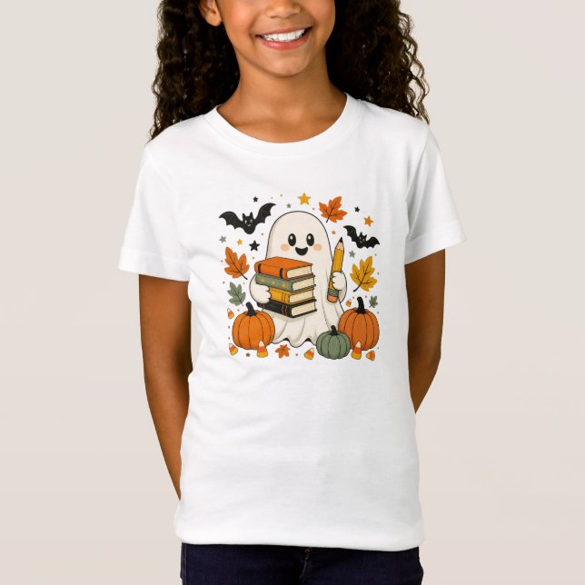 Cute Halloween Ghost Fall Book Lover  T-Shirt (Front)