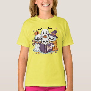 Cute Halloween Ghost Family Reading a BOO Book – S T-Shirt