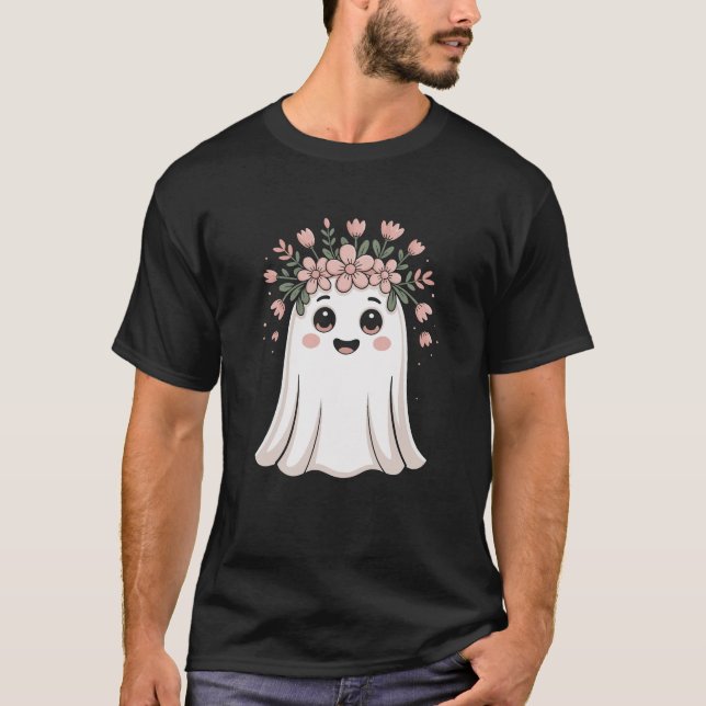 Cute Halloween Ghost Floral Girls T-Shirt – Trick- (Front)