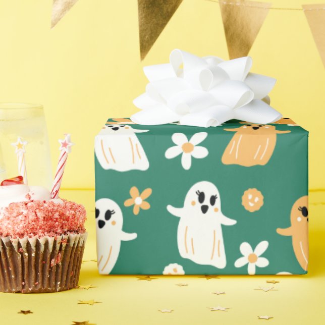 Cute Halloween Ghost floral Pattern Wrapping Paper (Birthday Party)