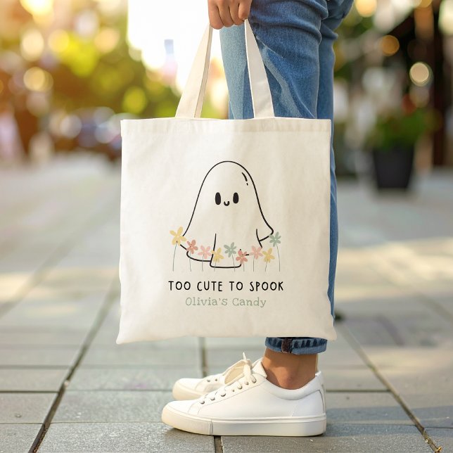 Cute Halloween Ghost Floral Too Cute To Spook Tote Bag (Creator Uploaded)