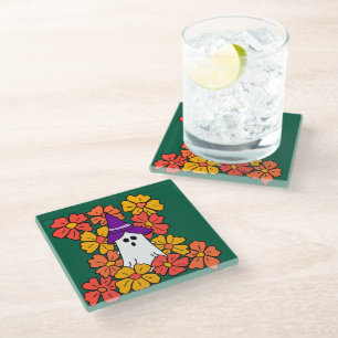 Cute Halloween Ghost Flower Field Glass Coaster