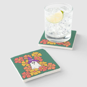 Cute Halloween Ghost Flower Field Stone Coaster