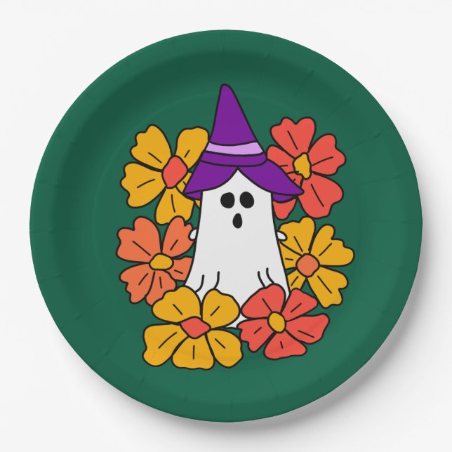 Cute Halloween Ghost Flower Wreath  Paper Plate (Front)