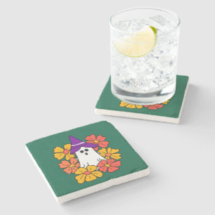 Cute Halloween Ghost Flower Wreath Stone Coaster