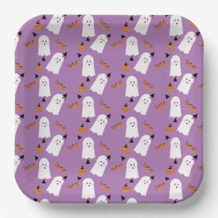 Cute Halloween Ghost Ghoul Orange Purple Confetti  Paper Plate