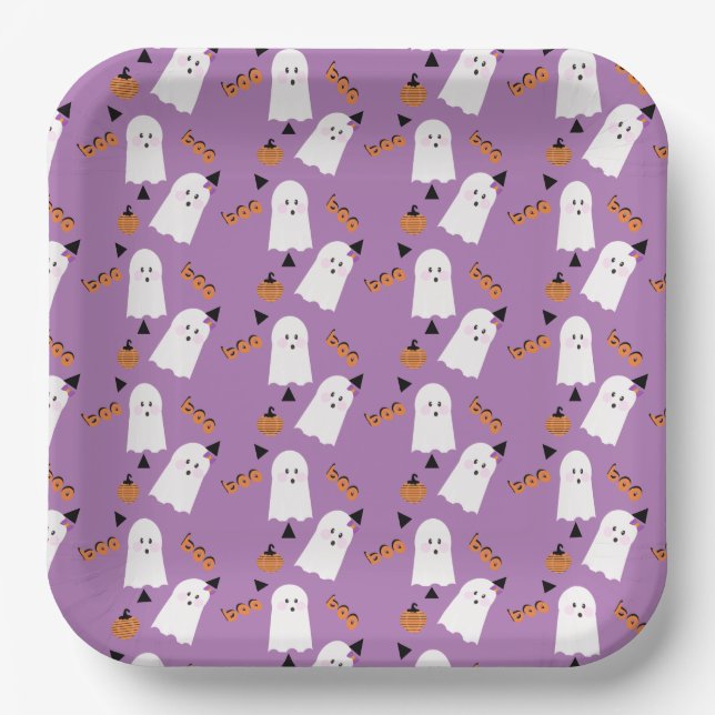 Cute Halloween Ghost Ghoul Orange Purple Confetti  Paper Plate (Front)