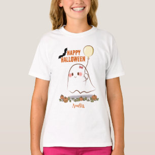 Cute Halloween Ghost Holding A Balloon Girl's Name T-Shirt