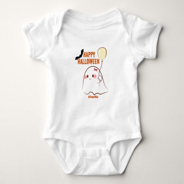 Cute Halloween Ghost Holding Balloon Girl's Name  Baby Bodysuit (Front)