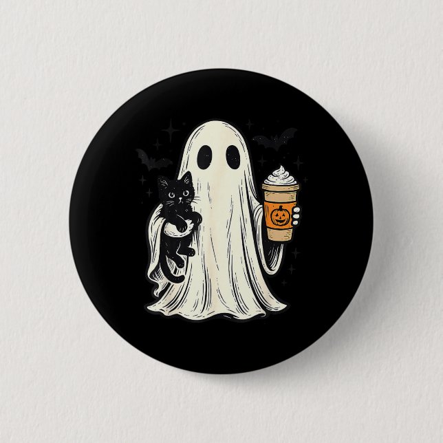 Cute Halloween Ghost Holding Black Cat Fall Coffee 6 Cm Round Badge (Front)