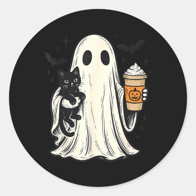 Cute Halloween Ghost Holding Black Cat Fall Coffee Classic Round Sticker (Front)