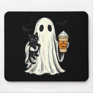 Cute Halloween Ghost Holding Black Cat Fall Coffee Mouse Pad