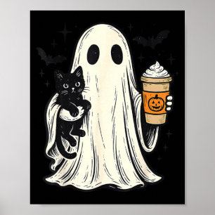Cute Halloween Ghost Holding Black Cat Fall Coffee Poster