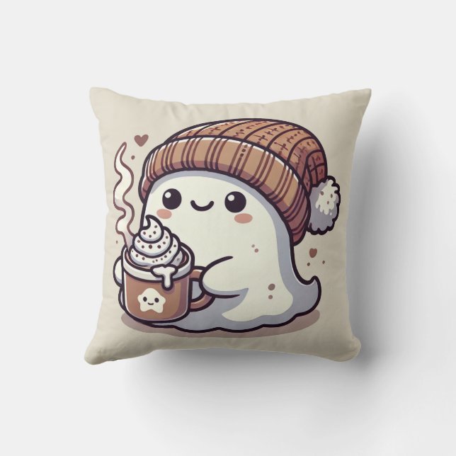 Cute Halloween Ghost in Fall Beanie & Hot Cocoa Cushion (Back)