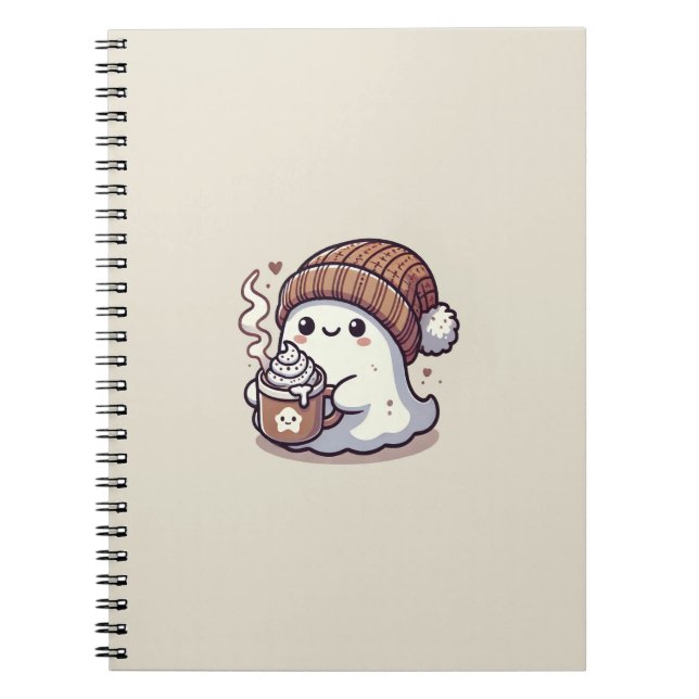 Cute Halloween Ghost in Fall Beanie & Hot Cocoa Notebook (Front)