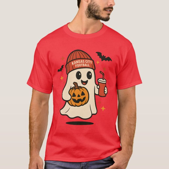 Cute Halloween Ghost KANSAS CITY FOOTBALL with Pum T-Shirt (Front)