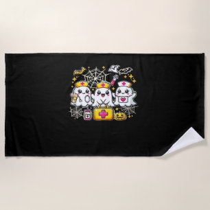 Cute Halloween Ghost Nurse Trio with Medical Kit a Beach Towel