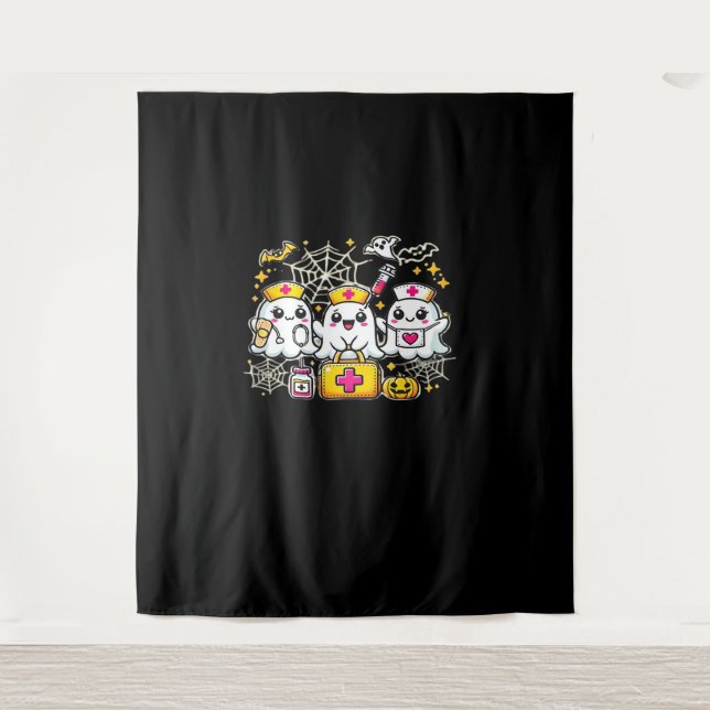 Cute Halloween Ghost Nurse Trio with Medical Kit a Tapestry (Front)