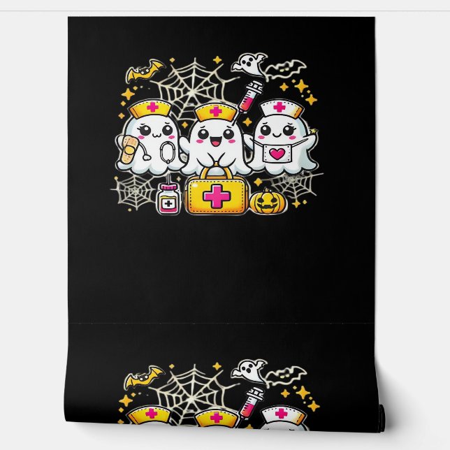 Cute Halloween Ghost Nurse Trio with Medical Kit a Wallpaper (Unrolling)