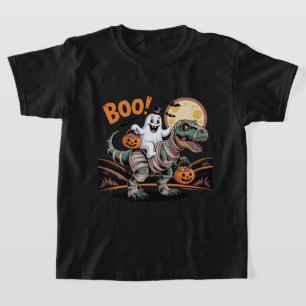 Cute Halloween, Ghost on Mummy T-Rex with Pumpkins T-Shirt