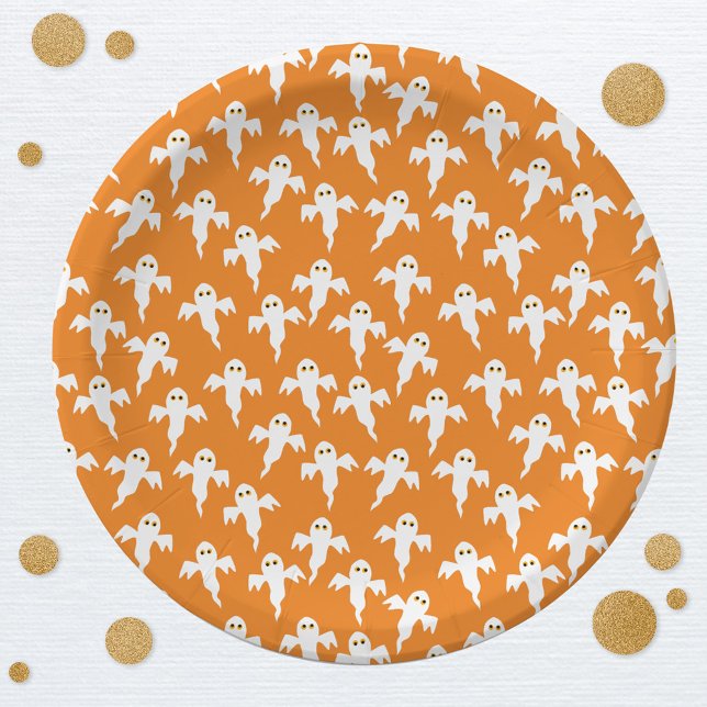Cute Halloween Ghost Orange Paper Plate (Fun ghost pattern orange paper plates for Halloween)