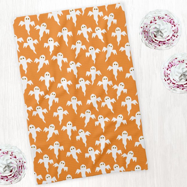 Cute Halloween Ghost Orange Tea Towel (Cute ghosts orange art kitchen tea towel)