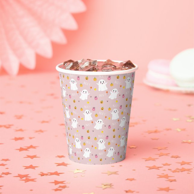 Cute Halloween Ghost Pattern Pink Paper Cup (Insitu)