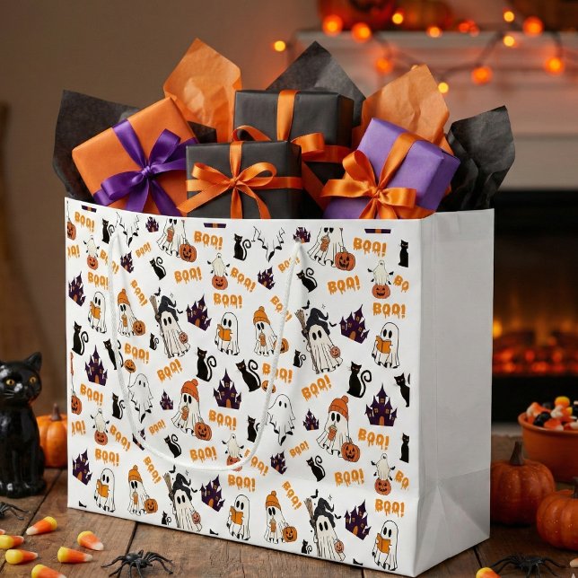 Cute Halloween Ghost Pattern – Spooky Black Cats Large Gift Bag (Creator Uploaded)