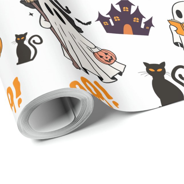Cute Halloween Ghost Pattern – Spooky Black Cats Wrapping Paper (Roll Corner)