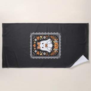 Cute Halloween Ghost Pumpkin Floral T-Shirt Design Beach Towel
