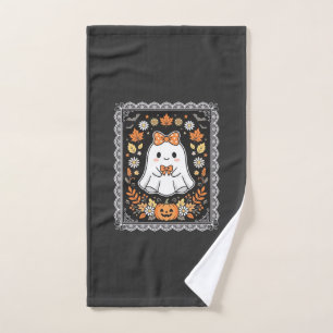 Cute Halloween Ghost Pumpkin Floral T-Shirt Design Hand Towel