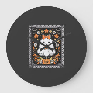Cute Halloween Ghost Pumpkin Floral T-Shirt Design Large Clock