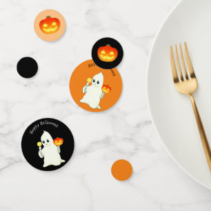 Cute Halloween Ghost, Pumpkin on Black & Orange Confetti