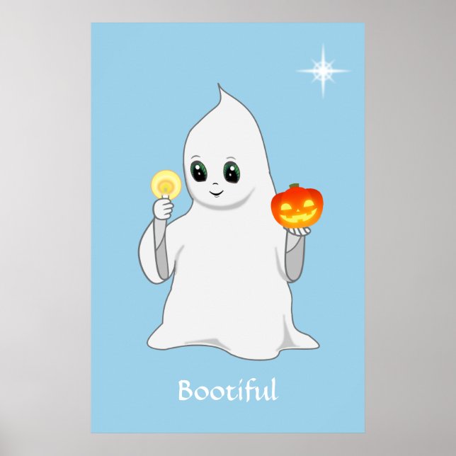 Cute Halloween Ghost & Pumpkin on Light Blue  Poster (Front)