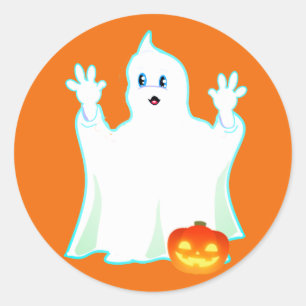 Cute Halloween Ghost & Pumpkin on Orange Classic R Round Sticker