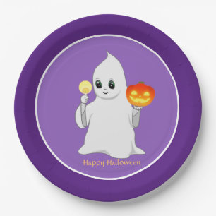 Cute Halloween Ghost & Pumpkin on Purple Paper Plate