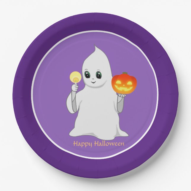 Cute Halloween Ghost & Pumpkin on Purple Paper Plate (Front)