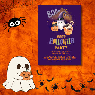 cute Halloween Ghost & Pumpkin purple party  Invitation